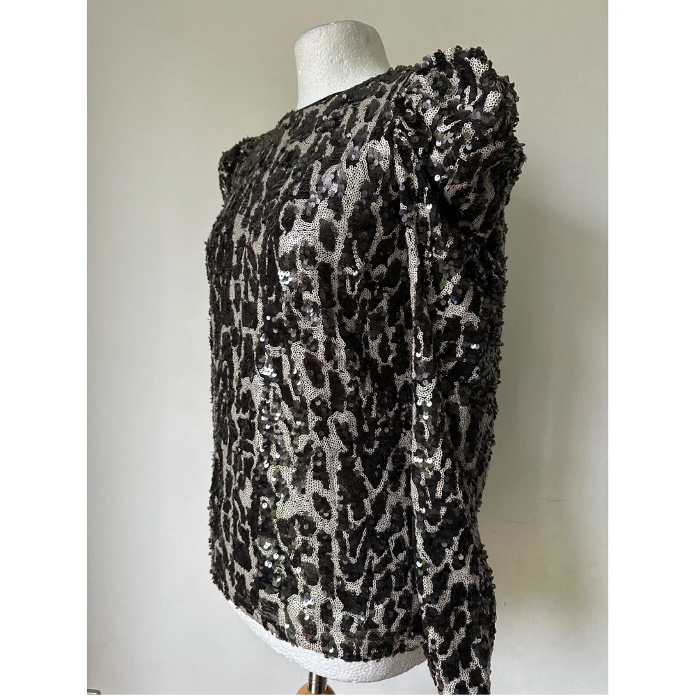 VERY Sequin Puff Shoulder Cut Out Back Blouse Size 8 Lined - Picture 3 of 5